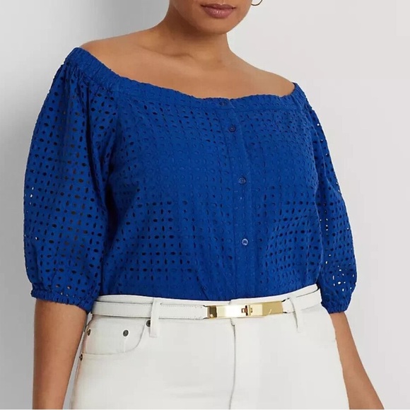 NWT Lauren Ralph Lauren Blue Eyelet Off-Shoulder Blouse - Size L - Picture 9 of 16